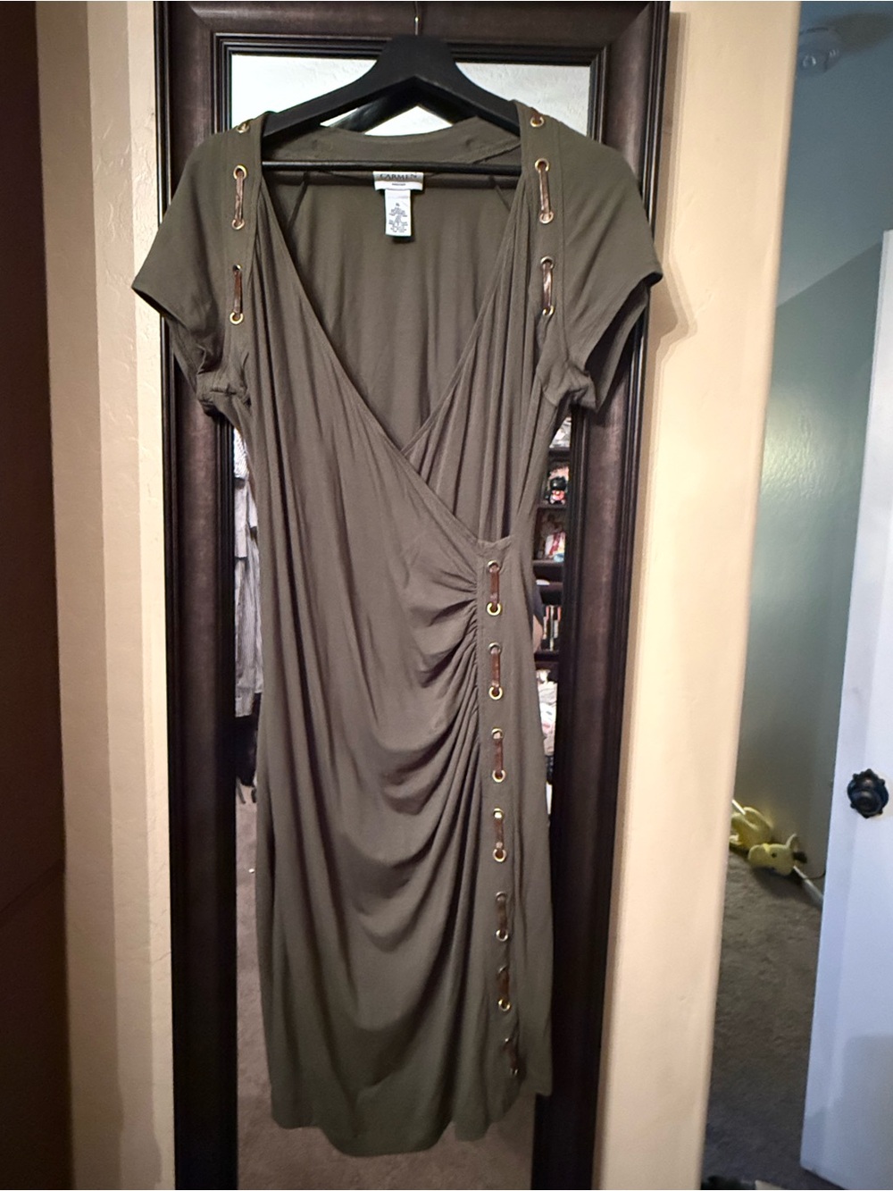 Carmen Marc Valvo Olive Green Ruched Wrap Dress XL - Picture 2 of 7